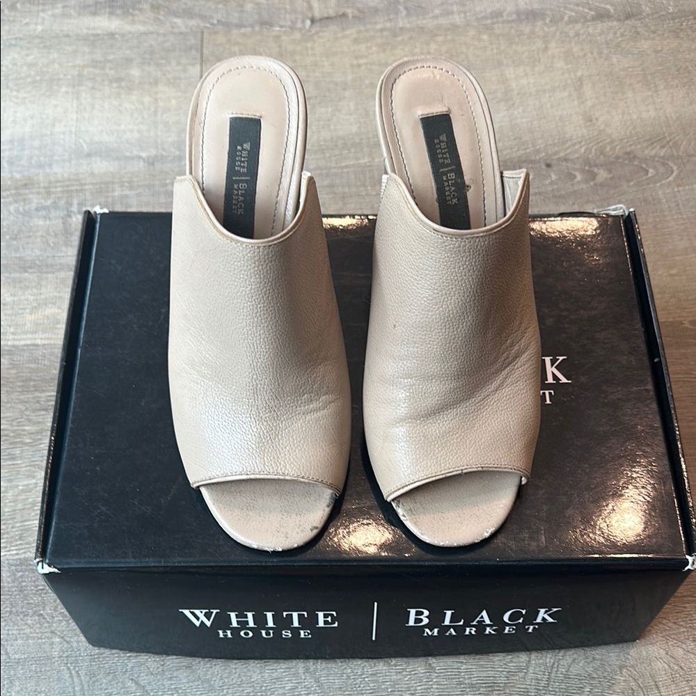 White House Black Market Tan Mules with Block Heel